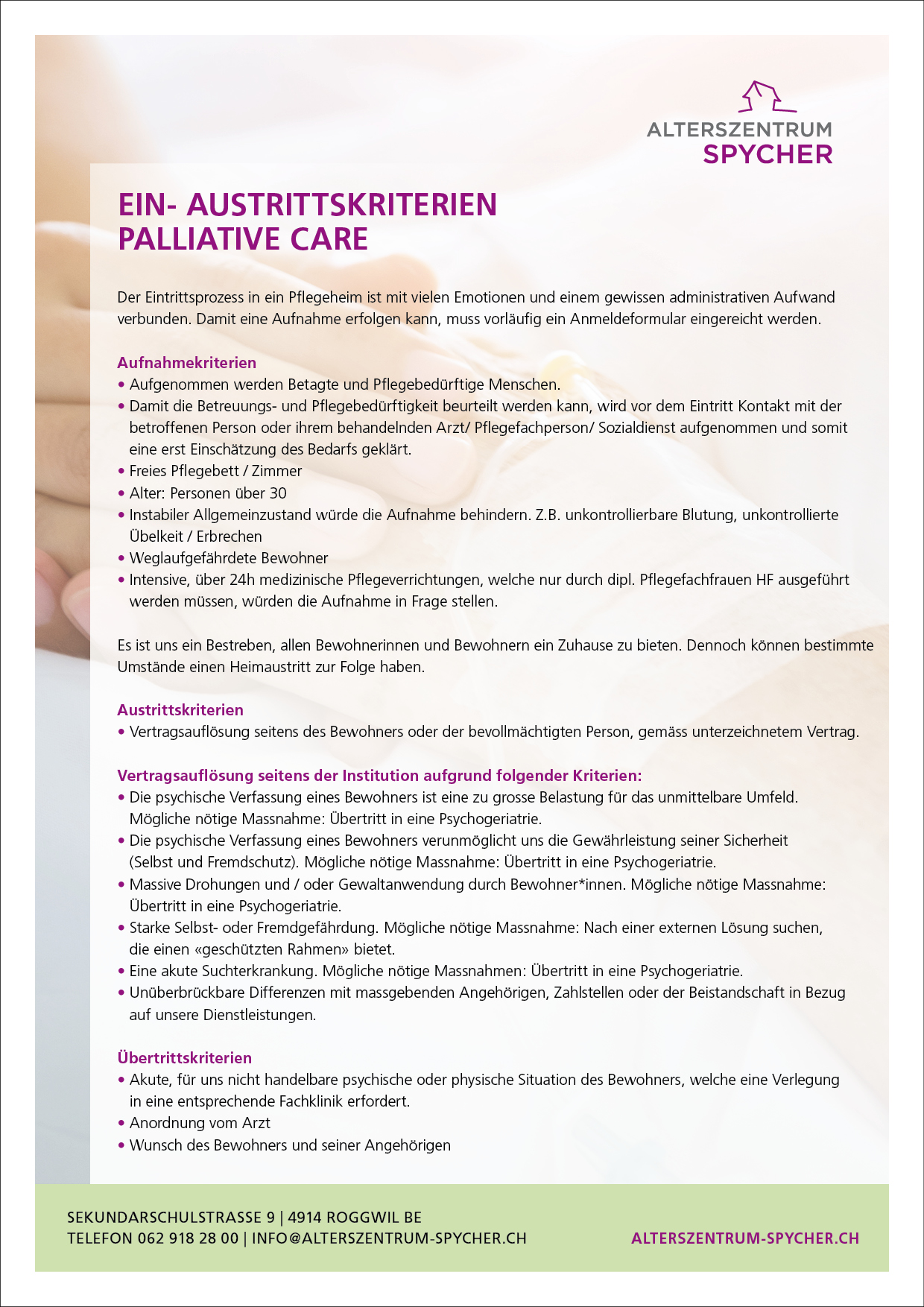 AZ Spycher Roggwil Palliative Care Ein und Austrittskriterien
